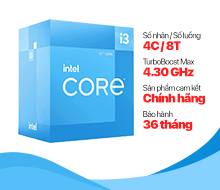 CPU Intel Core i3-12100 (4C/8T , 3.3GHz - 4.3GHz, 12MB, LGA1700) Box chính hãng